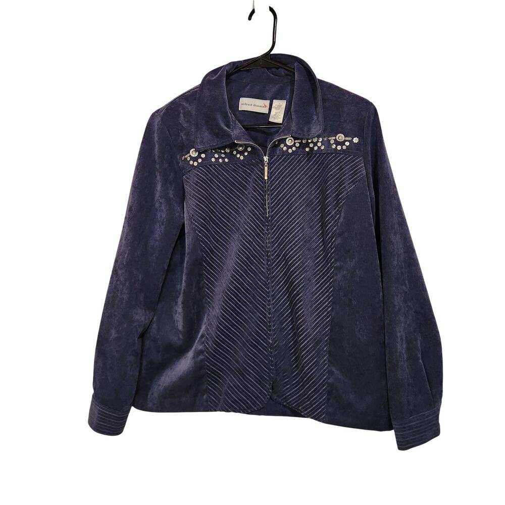 Alfred Dunner Navy Blue Zip Embellished Collared Retro Corduroy Jacket Size 14